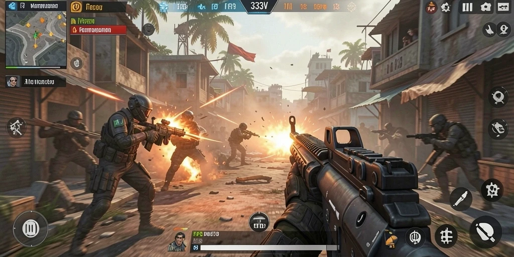 Screenshot gameplay 333V menampilkan aksi pertempuran FPS yang intens.