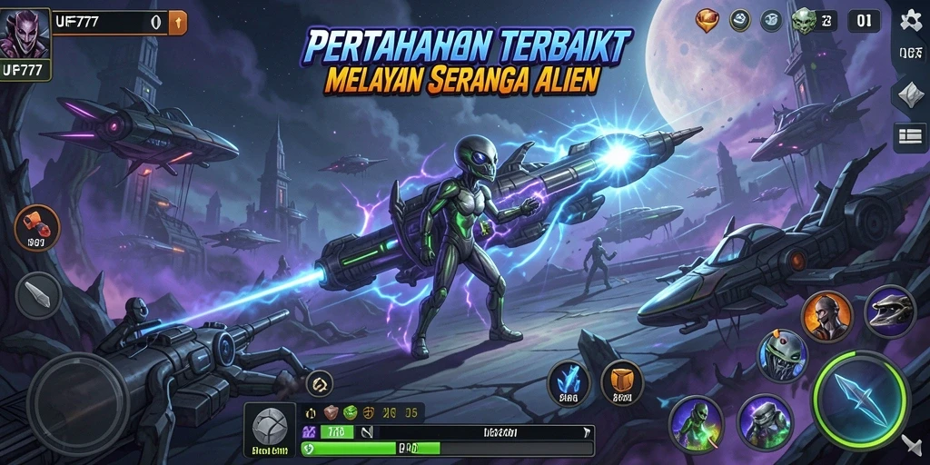 Tampilan gameplay UFO777 dengan pertahanan menara melawan serangan alien.